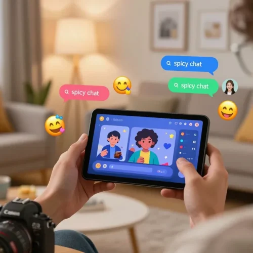 Interactive spicy chat scene with vibrant digital interactions and cozy virtual environment.