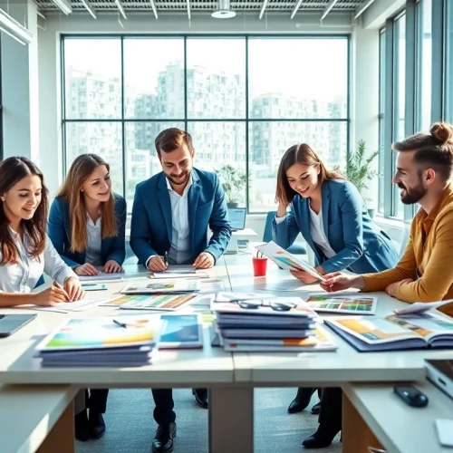 Direct mailing company team brainstorming in a bright, collaborative workspace.