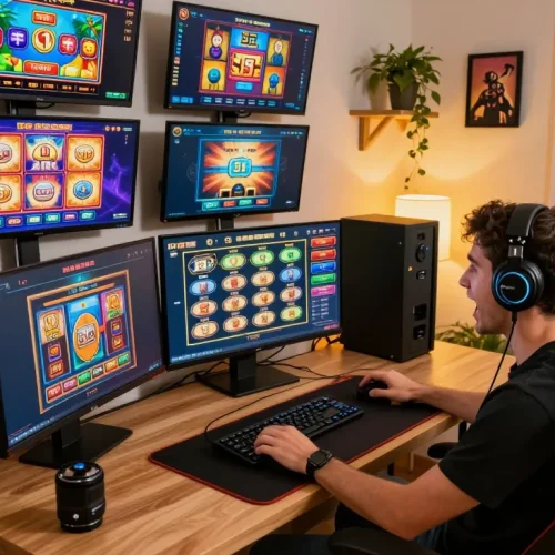 Engaged player enjoys link slot games in a cozy home office setup.