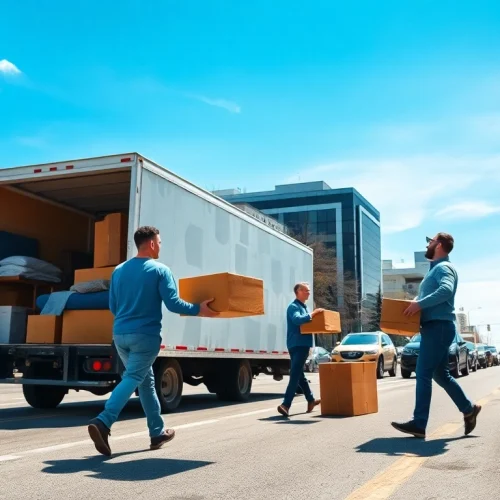 Movers Edmonton handling boxes in a busy urban setting during clear weather.