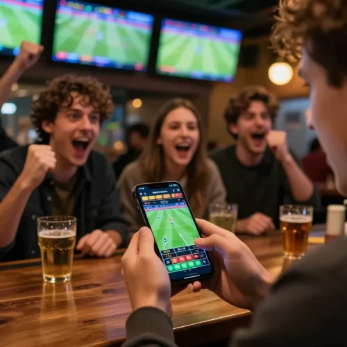 Soi Kèo: Engaged sports bettors using smartphone to place live bets in vibrant bar atmosphere