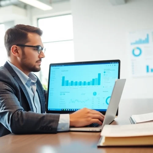 Utilizing an affordable linkedin scraping tool to analyze data on a laptop in a modern office.