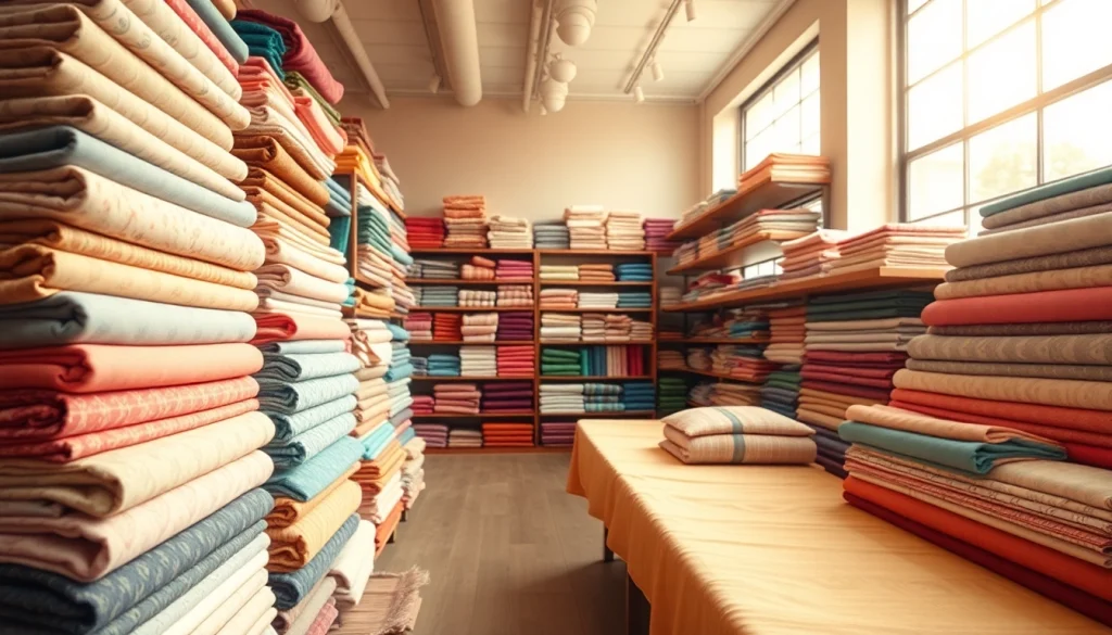 Katoen stof per meter in diverse kleuren en patronen in een uitnodigende stoffenwinkel.