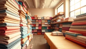 Katoen stof per meter in diverse kleuren en patronen in een uitnodigende stoffenwinkel.