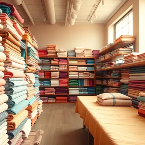 Katoen stof per meter in diverse kleuren en patronen in een uitnodigende stoffenwinkel.