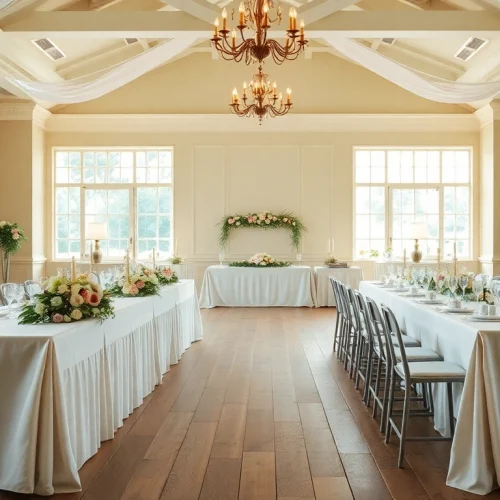 Stowe Venue Hire features a stunning event hall set for a celebration with elegant decor.