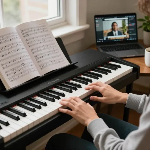 Engaging moment of a music lover playing the GO 88 piano in a cozy home setting.