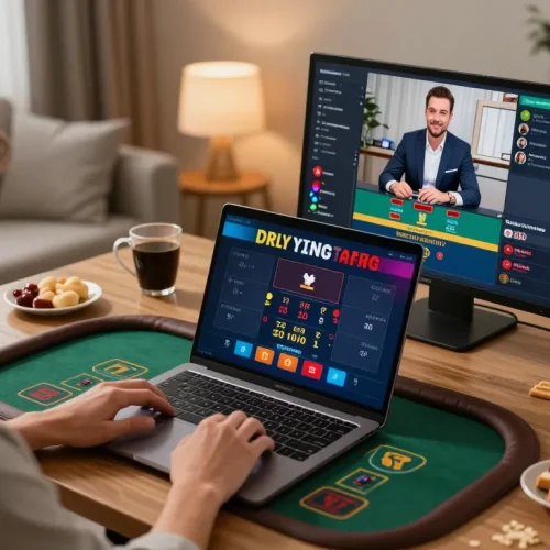 Player engaging in live dealer games at home, highlighting strategic bets on ATQ platform
