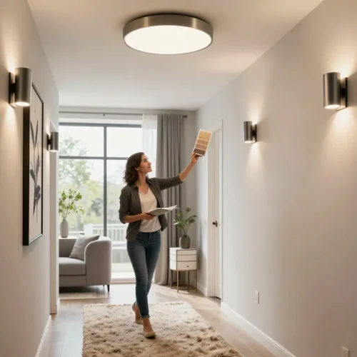 Stylish hallway light fixtures enhancing a modern corridor with designer assessing color swatches.