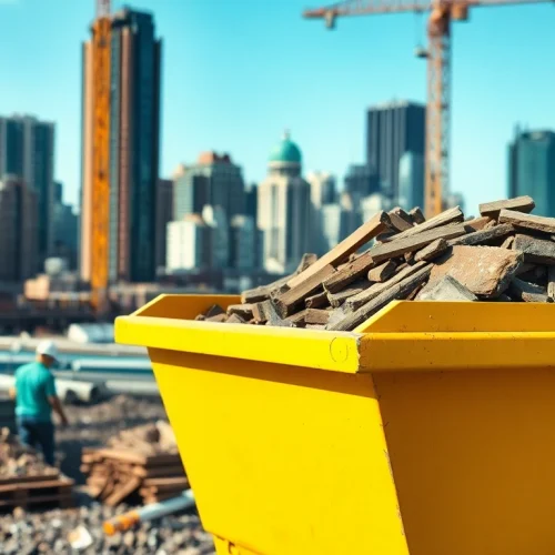 Showcasing skip hire at a busy construction site with energetic atmosphere and vibrant colors.