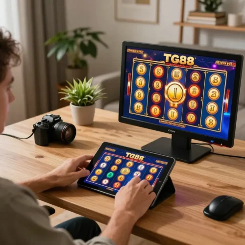 Player enjoying TG88 online slot games on tablet at home, showcasing exciting gaming environment.