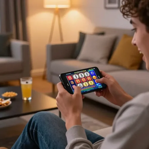 Engaging with สล็อตวอเลท slot games on a smartphone during an exciting online gaming session.