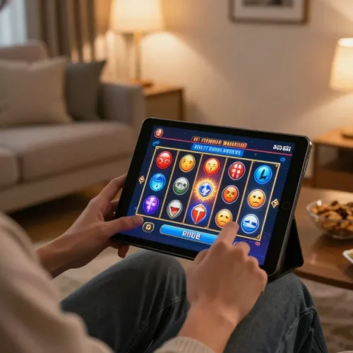 Engaging with slot mahjong game on tablet in a cozy home setting, enjoying online gaming experience.