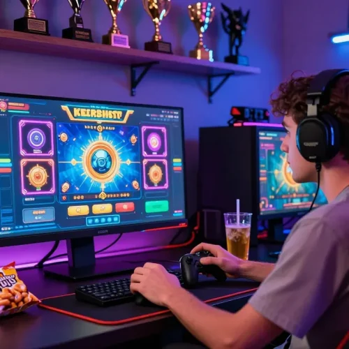 Pengaturan permainan slot online laoban188 yang menarik dengan grafik yang cerah dan pemain yang fokus di lingkungan bermain modern.