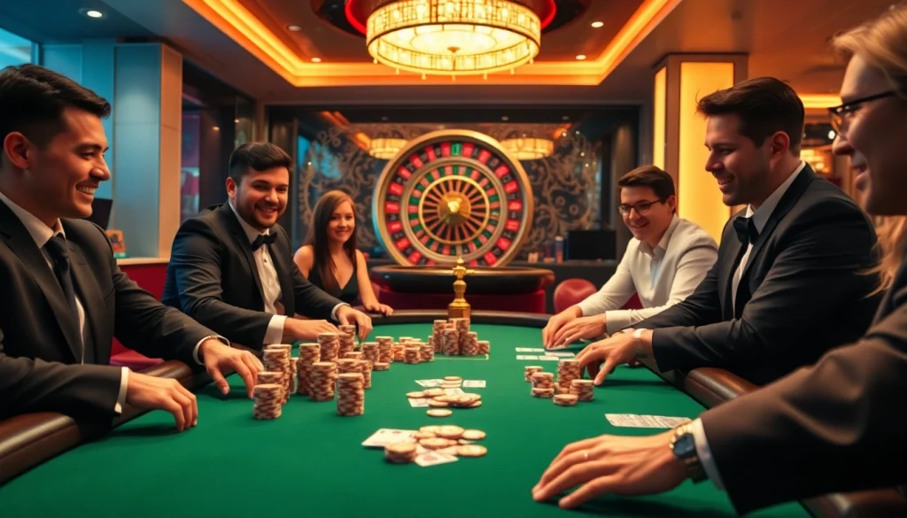 Une scène dynamique de casino en ligne mettant en avant une table de poker vibrante avec des joueurs en tenues élégantes, évoquant de l'excitation.