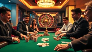 Une scène dynamique de casino en ligne mettant en avant une table de poker vibrante avec des joueurs en tenues élégantes, évoquant de l'excitation.