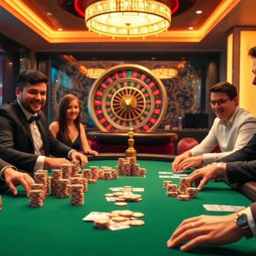 Une scène dynamique de casino en ligne mettant en avant une table de poker vibrante avec des joueurs en tenues élégantes, évoquant de l'excitation.