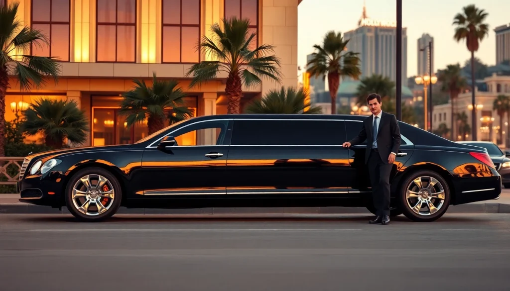 Luxurious Los Angeles Limo service outside a Hollywood hotel with professional chauffeur.