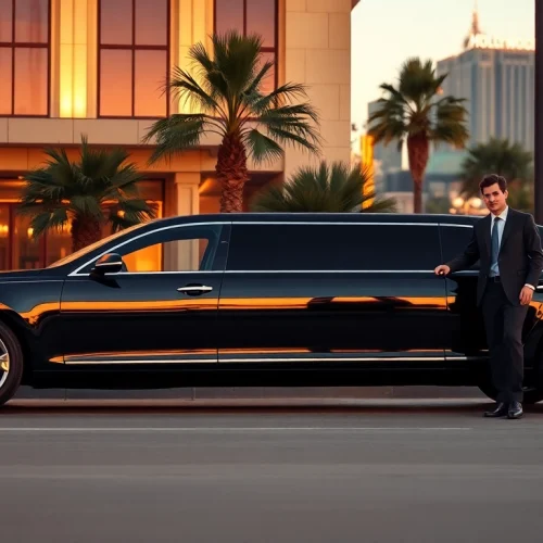 Luxurious Los Angeles Limo service outside a Hollywood hotel with professional chauffeur.