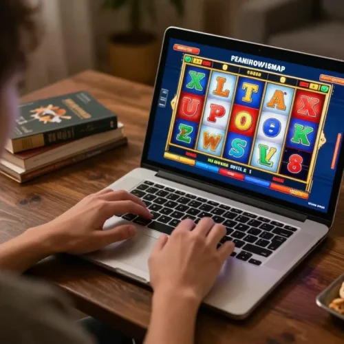 Engaging in online gaming with slot deposit 2rb on laptop screen, creating an exciting home atmosphere