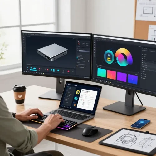 Developer utilizing 3D product configurator software in a modern workspace.
