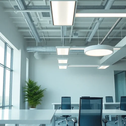 Showcase of modern lighting solutions in a bright office setting highlighting innovative design features.