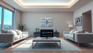 Sistema de alarmas de seguridad de alta tecnología mostrado en una sala de estar moderna.