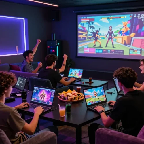 Friends enjoying interactive free sex games in a vibrant lounge setting.