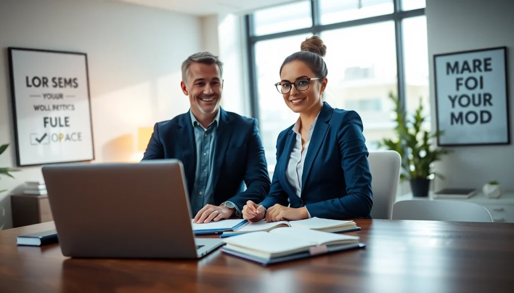 Career consultant engaging with a client in a modern office setting, fostering career growth.