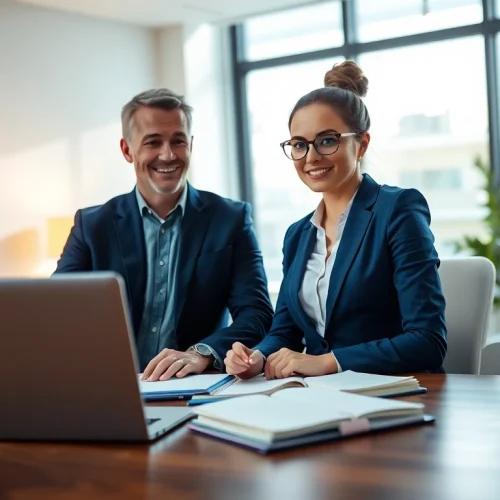 Career consultant engaging with a client in a modern office setting, fostering career growth.