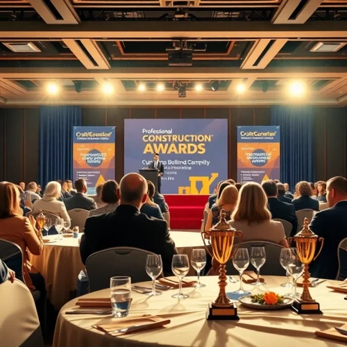 A dynamic scene of construction awards ceremony celebrating industry excellence.