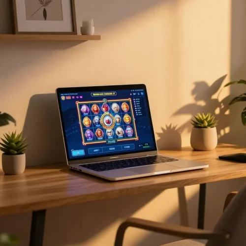 Engaging gameplay experience with demo slot pg on a modern laptop in a cozy home setting