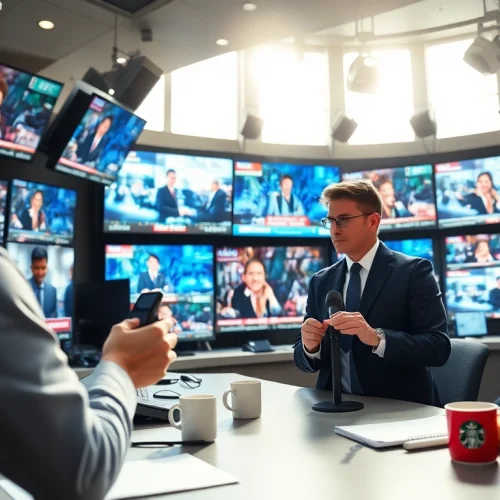 Engaging news scene with a journalist in a fast-paced newsroom environment.