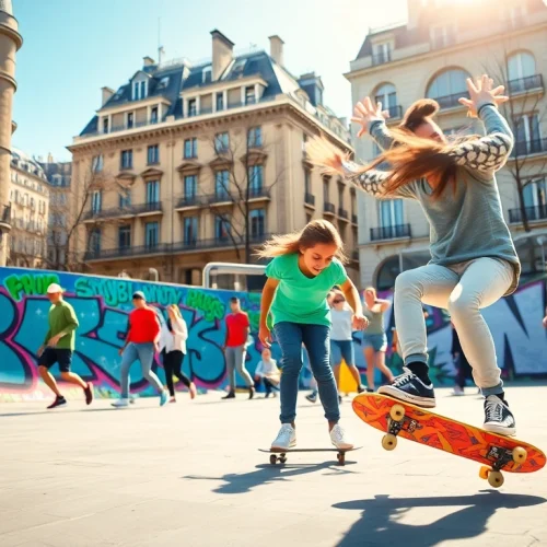 Réaliser des figures lors d'un stage de skate paris dans un skatepark dynamique avec des jeunes.