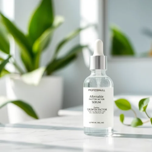 Application of affordable growth factor serum showcased with plants and a modern setting.