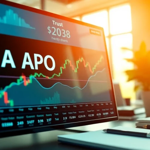 View of real-time trading screen showing APO stock price in a modern office.
