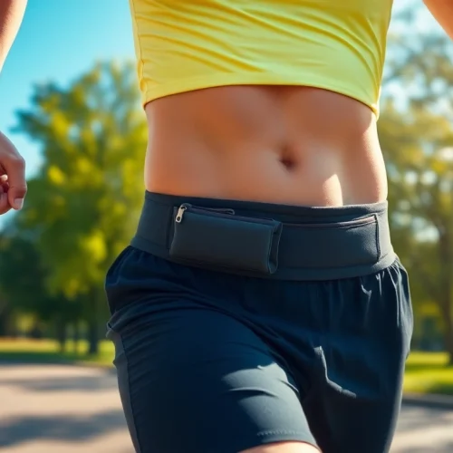 A active runner utilizing a run belt while jogging through a sunlit park, emphasizing comfort and style.