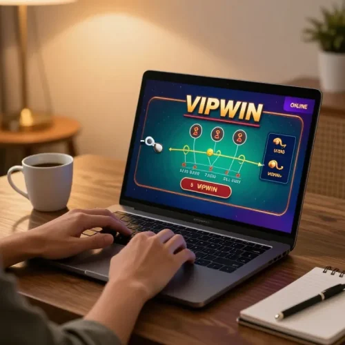 Experience engaging blackjack gameplay on VIPWIN's online casino from a stylish home setup.