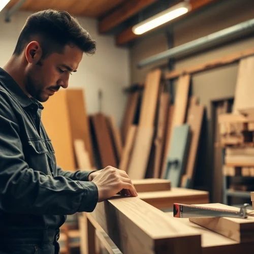 A carpenter engaged in carpentry apprenticeship, skillfully constructing a wooden frame in a well-lit workshop.