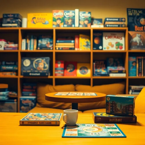 Enjoying solo board games at home with cozy lighting and various game options available.