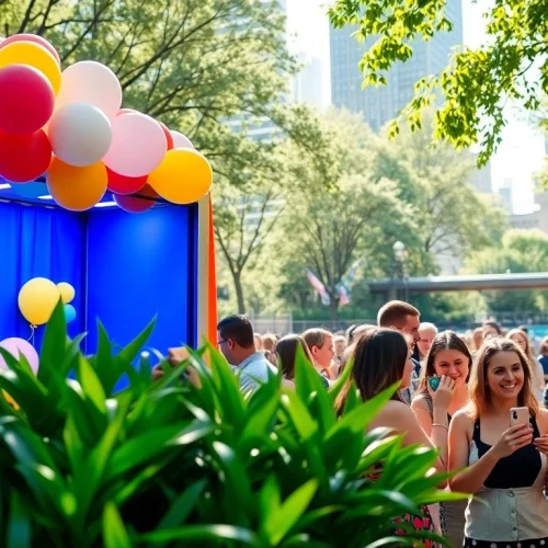 Guests enjoying a fun photo booth experience in Chicago with vibrant props.