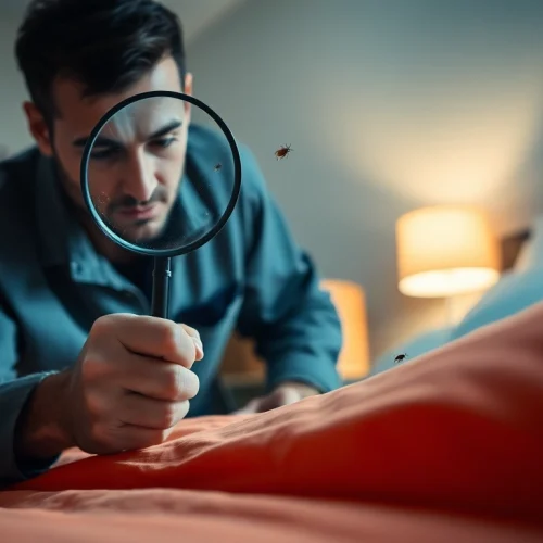 Implementing effective bed bug treatment by a professional pest control expert with a magnifying glass.