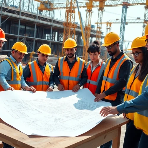 Construction career professionals discussing plans at a busy site with cranes and blueprints.