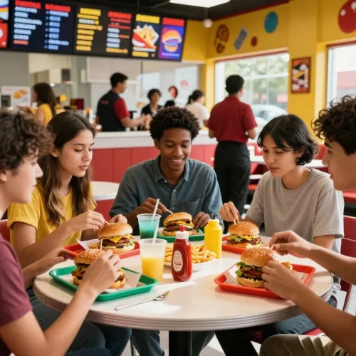 Colorful fast food restaurant scene featuring friends enjoying meals while highlighting fast food prices in a vibrant atmosphere.
