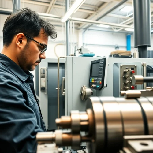 Custom part manufacturer operating a lathe machine in a modern workshop.