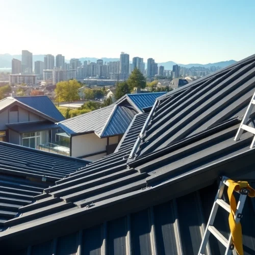 Installers showcasing high-quality metal roofing vancouver against a stunning city background.