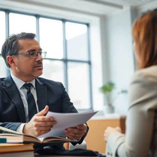 Birmingham Family Lawyer discussing legal options with a client in a modern office.