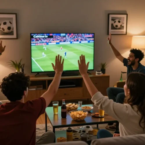 Excited group of friends watching a thrilling football match on Cakhia tv in a cozy living room.