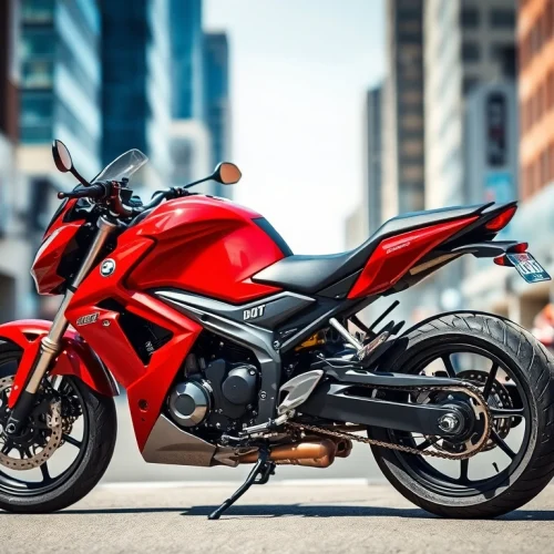 Showcase budget DOT approved motorcycles for sale with sleek design in urban setting.
