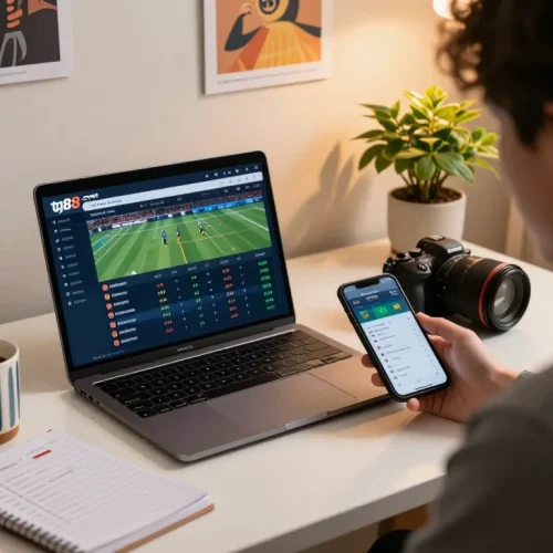Engaging online sports betting scene showcasing tg88.com interface on laptop with strategic notes for responsible gaming